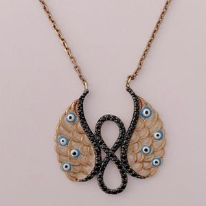 Angel wings necklace evil eye black cz 925 silver